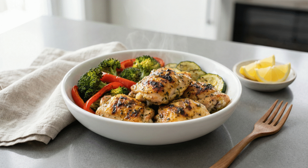Healthy air fryer lemon garlic chicken bowl with roasted broccoli, bell peppers, and zucchini in a white bowl, high-protein and low-calorie meal.